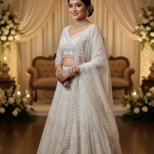 blush white net lehenga mit pailletten, dori & thread arbeit bestickt lehenga choli: indische hochzeit party wear