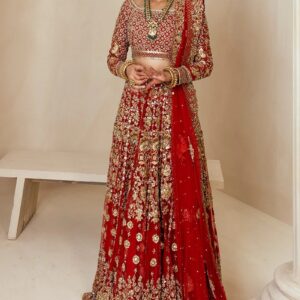 red bridal dress in pishwas frock and lehenga style