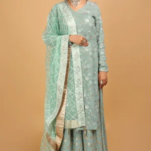 dusty green georgette sequins embroidery sharara salwar suit for party wear
