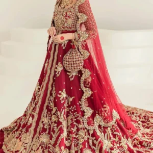 deep red silk embroidered bridal wear trail cut lehenga