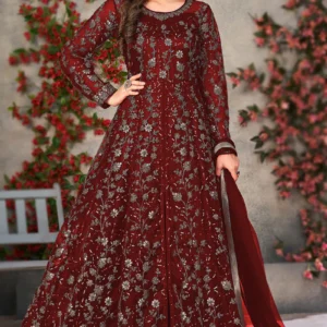 dori embroidered deep red net anarkali suit