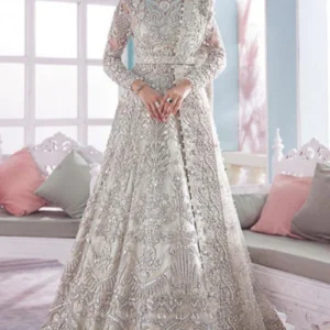 light grey silver zari embroidered organza bridal anarkali salwar suit