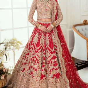 silk lehenga with beads embroidery in red for wedding